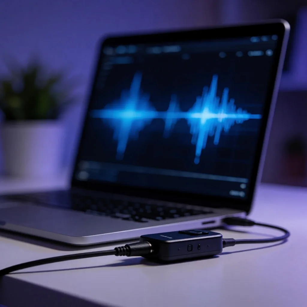 Audio-Produktionsumgebung mit Laptop und kabellosem Empfänger